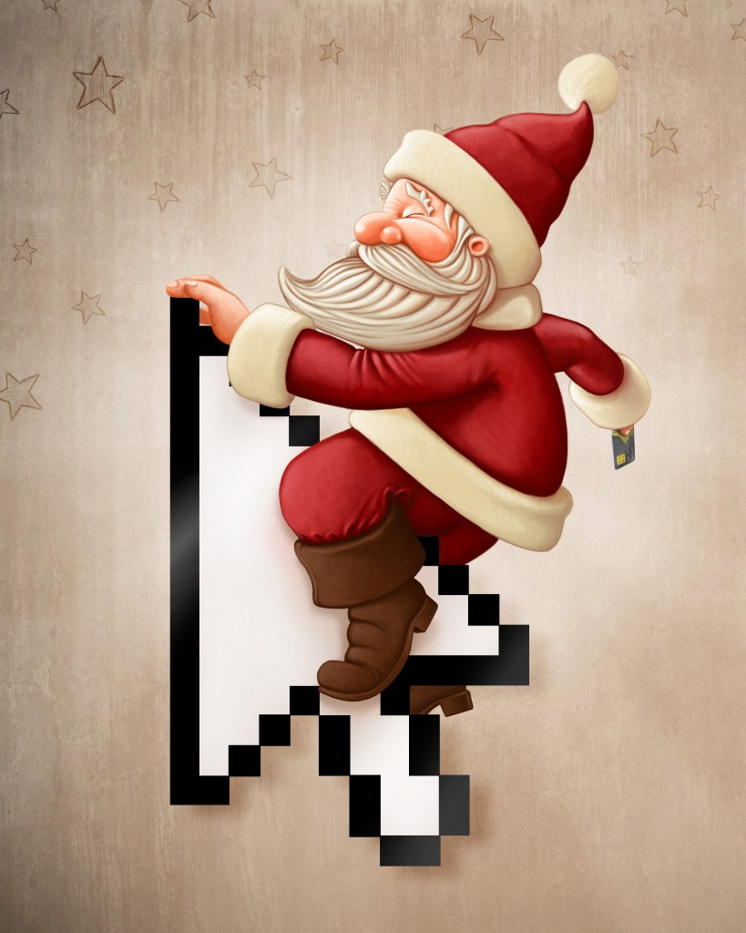 Santa Claus with credit card rides arrow cursor